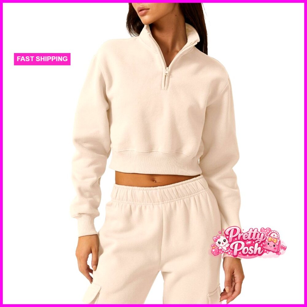 Half Zip Crop Sweatshirt High Neck Long Sleeve Pullover Cropped Top
